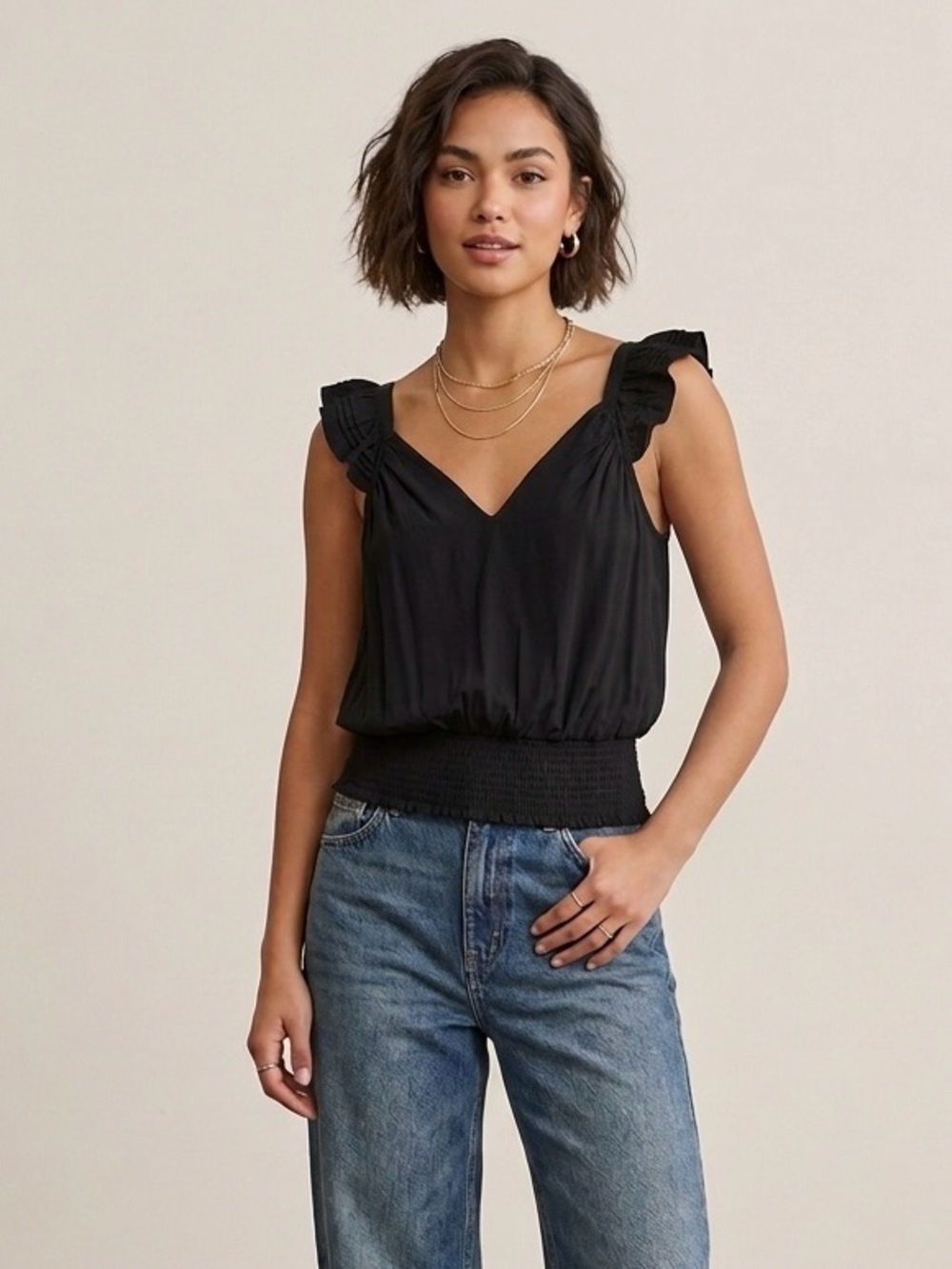 NWT Ramy Brook Diore Ruffle Sleeve Smocked Tank Top Black Size XS